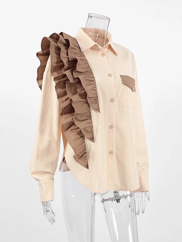 Sonicelife Aynaray 2024 Autumn Winter Women Elegant Ruffles Shirt Solid Khaki Casual Long Sleeve Blouse Female