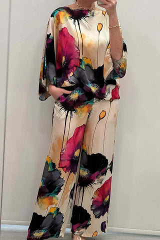 Sonicelife 3/4 Sleeve Top and Wide Leg Trousers Casual Satin Floral Set