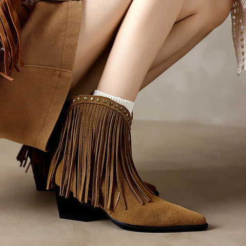 Sonicelife NEW Autumn Women Boots Cow Suede Leather Shoes for Women Pointed Toe Chunky Heel Shoes Rivet Tassel Boots Slip-on Modern Boots