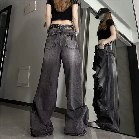 Sonicelife Vintage High Waist Denim Pants Ripped Jeans Women Fashion Loose Wide Leg Straight  Y2k Washed Streetwear Female