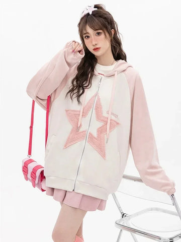 Black Friday Sonicelife Star Pattern Zip Up Hoodies Women Oversized Streetwear Patchwork Sweatshirts Cutecore Fashion Aesthetic Kawaii Clothes