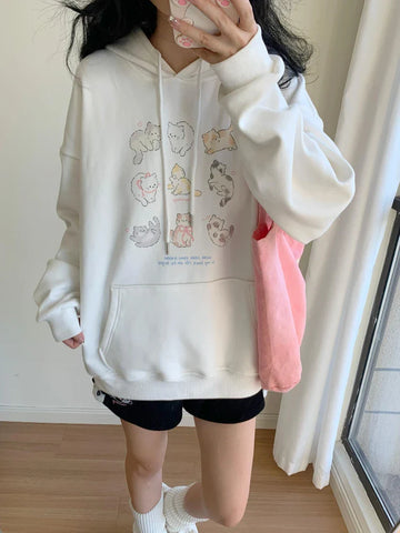 Black Friday Sonicelife Kawaii Cat Print Hooded Sweatshirt Women Cutecore White Long Sleeve Hoodies Oversize Tops Preppy Style Soft Girl Clothes