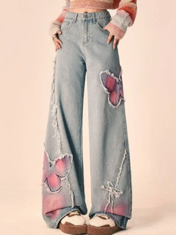 Sonicelife American Retro Butterfly Embroidery Denim Pants Y2k High Waist Loose Jean for Women 2024 Summer New Straight Wide Leg