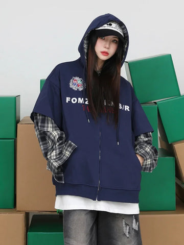 Black Friday Sonicelife Navy Blue Letter Print Zip Up Hoodies Women Fake Two Pieces Plaid Long Sleeve Sweatshirt Autumn Korean Fashion Kpop Top