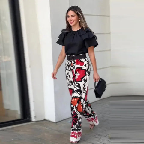 Sonicelife Two Pieces Pant Sets Print Pullover Tops Wide Leg Pants Loose Casual Women Matching Sets Ruffles 2024 Pockets Ankle Length