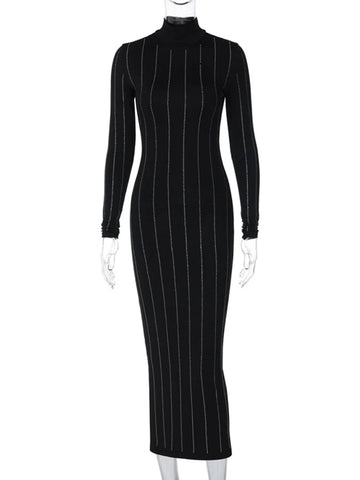 Sonicelife Aynaray 2024 Women Autumn Winter Sexy Bodycon Dresses Long Sleeve Turtleneck Slim Fit Solid Black Midi Dress Female