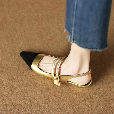 Sonicelife Summer Sandals Women Split Leather Shoes for Women Pointed Toe Slingback Women Shoes Low Heel Golden Shoes sandálias feminina