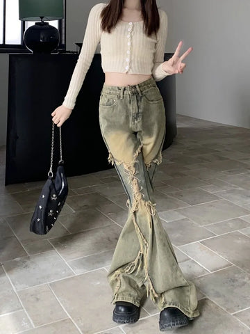 Sonicelife Oversize American Retro Straight Casual Pants Y2k Grunge High Waist Loose Wide Leg  2024 New Bell Bottom Jeans Women