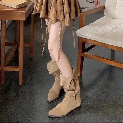 Sonicelife Women Retro Pleated Knee High Cowboy Boots 2024 Autumn High Heels Pointed Toe Thick Heeled Botas Western Boots Woman Long Botas