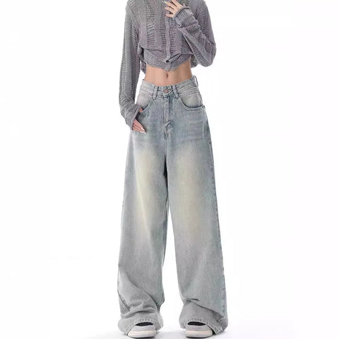 Sonicelife Full Length Women Jeans Vintage Distressed Wide Leg Pants Denim Wash Loose Fit 2024 Summer Pockets Solid Spliced High Waist