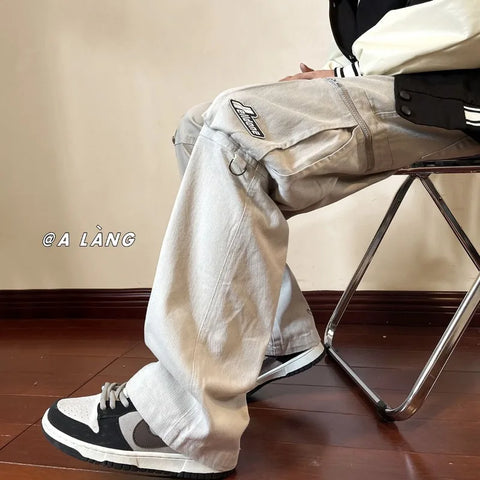 Sonicelife American High Street Vintage Heavy Functional Wind Overalls Y2K Harajuku Fashion Straight Pants Men And Women Couple Loose Pants