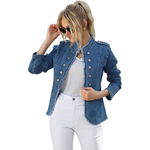 Sonicelife Casual Women's Denim Jacket 2024 Spring New Retro Blue Long-Sleeve Jacket Washed Cardigan Stand Neck Fashion Woman Denim Jacket