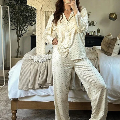 Sonicelife Cute 2 Piece Set Home Loungewear Y2K Vintage Print Button Up Long Sleeve Blouse T-shirt Tops + Pants Women Pajamas Sleepwear