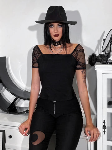 Sonicelife Women's Gothic Tops 2024 Spring Festival new trend short T-shirt dark wind temperament Slim square neck lace splicing tops