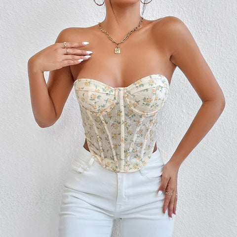 Sonicelife-Women Y2K Vintage Retro Tube Top Strapless Backless Tie-up Irregular Hem Flower Print Vest Summer Corset Waist Shaper