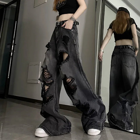 Sonicelife Vintage High Waist Denim Pants Ripped Jeans Women Fashion Loose Wide Leg Straight  Y2k Washed Streetwear Female