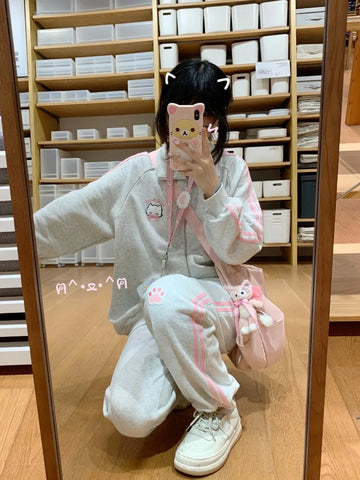 Black Friday Sonicelife Embroidery Cat Graphic Hoodies Women Kawaii Long Sleeve Stand Collar Sweatshirt with Zipper Japan Style Cutecore Clothes