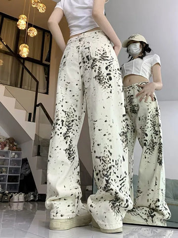 Sonicelife American Retro Leopard Print Jeans for Women Y2k E-Girl High Waist Straight Trousers 2024 Summer New Loose Wide Leg Pants