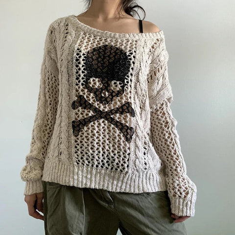 Sonicelife 2024 Fall Fashion Harajuku Grunge Y2K Aesthetics Retro Jumpers Skeleton Print Hollow Out Knitted Sweater Autumn Full Sleeve Pullovers Korean