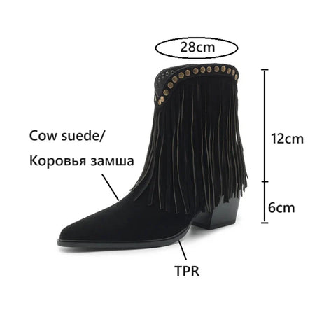 Sonicelife NEW Autumn Women Boots Cow Suede Leather Shoes for Women Pointed Toe Chunky Heel Shoes Rivet Tassel Boots Slip-on Modern Boots