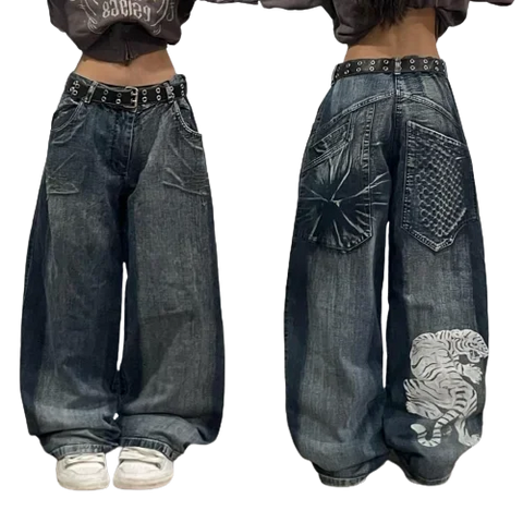 Sonicelife Streetwear New Oversized Geometric Print Washed Pocket Straight High-waisted Jeans Female Y2K Fashion Harajuku Lazy Wide Pants