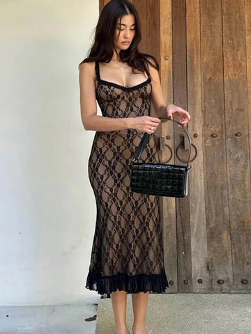 Sonicelife-Sexy 2024 New Women's Spaghetti Strap Lace Dress Streetwear Spring Summer Sleeveless High Waist Backless Slim Party Club Dresses