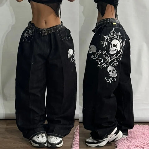 Sonicelife Street Fashion New Oversized Skull Print Baggy Jeans Women Y2K Harajuku Vintage Gothic High Waist Casual Wide-leg Pants Trousers