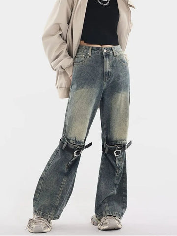 Sonicelife American Retro Washed Bell Bottom Jeans Y2k Grunge High Waist Loose Denim Pants 2024 New Straight Wide Leg  Women