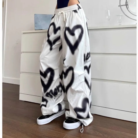 Sonicelife Y2K Love Graffiti Wide Leg Pants Women High Waist Streetwear Loose Drawstring Jogging Trousers Female Korean Casual Sweatpants