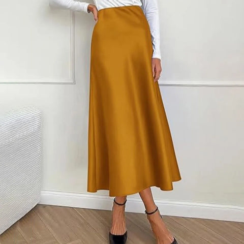 Sonicelife Women Long Satin Skirt Silk Elegant High Waist Cocktail Party Wedding Flared A Line Midi Back To School Outfits For Girls Skirts