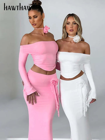 Sonicelife Women 2024 Spring Autumn Long Sleeve Crop Tops Long Skirts Two Piece Matching Sets Outfit Wholesale Items For Business