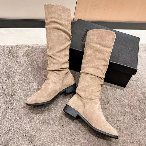 Sonicelife Women Mid Calf Boots Retro High Heels Solid Color Women Shoes Round Toe Rome Females Low Heels Boots Botas De Mujer