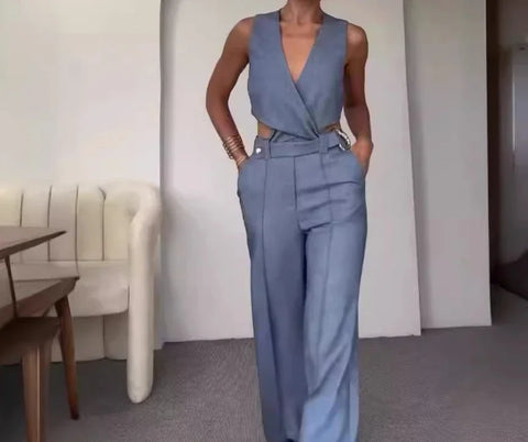Sonicelife Women Two Piece Pant Sets Slim Fit Sleeveless Vest V Neck High Waist Pants Pockets Solid Regular Elegant Splice Summer