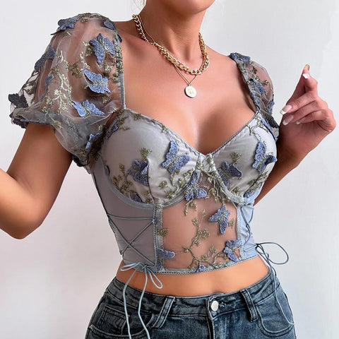 Sonicelife-Sexy Butterfly Embroidered V Neck Puff Sleeve Crop Top Blouse