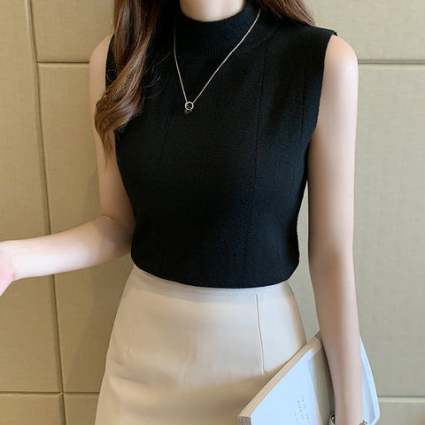 Sonicelife-Elegant Casual Sleeveless Knitted Half Turtleneck Blouse