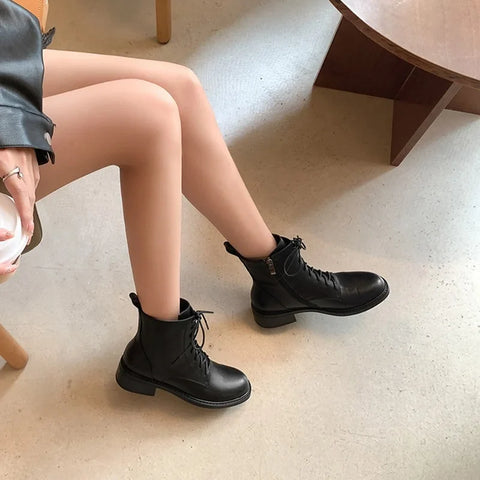 Sonicelife NEW Fall Shoes Women Split Leather Boots Round Toe Chunky Heel Women Boots Winter Solid Lace-up Ankle Boots Western Boots Women