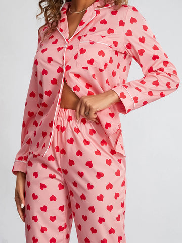 Sonicelife Heart Print Two-Piece Pajama Sets for Women Spring Fall Loungewear for Valentine's Day Long Sleeve Button Closure Top with Pants