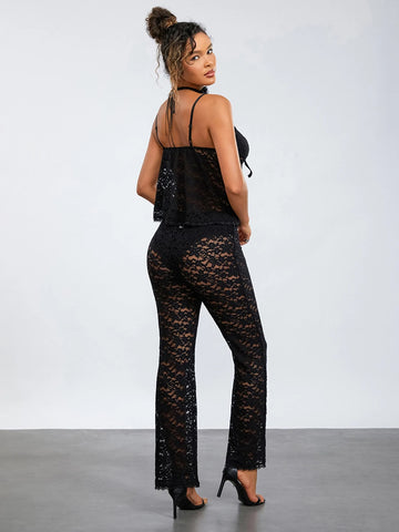 Sonicelife Black Lace Floral Crochet Top Pants Suits Summer Women's Sexy See-Through Clubwear Outfit Slip Camis Tops and Long Pants