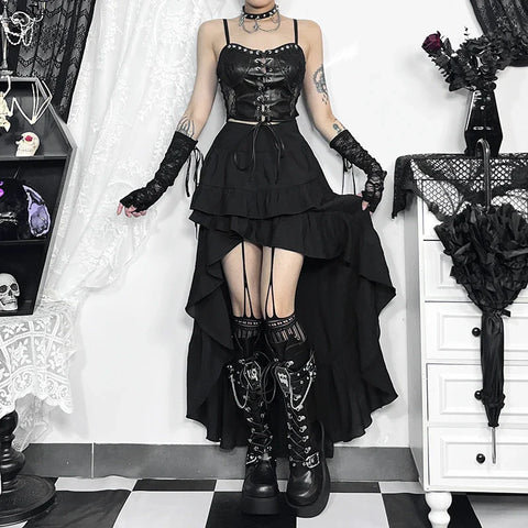 Sonicelife Women's Gothic Halter Dresses European and American Diablo Fashion Party American Vintage Asymmetric Design Halter Dresses