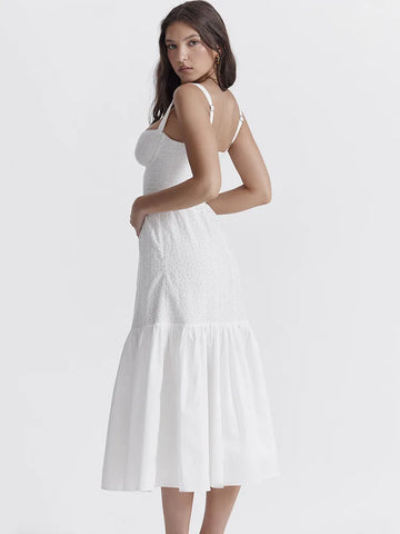 Sonicelife Elegant White Spaghetti Strap Midi Dress For Women Fashion Strapless Sleeveless Backless A-line Club Party Dress