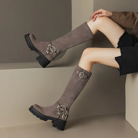 Sonicelife Autumn Women Boots Cow Suede Leather Shoes for Women Round Toe Thick Heel Platform Boots Retro Long Boots Women Knee High Boots