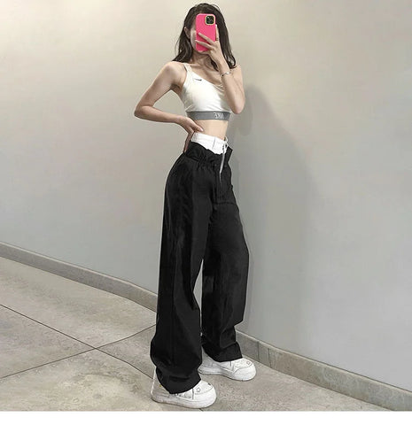 Sonicelife American Vintage Black White Patchwork Pants Sexy Hot Drawstring High Waist Trousers Y2k Streetwear All-match Straight Bottoms