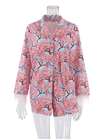 Sonicelife 2024 Women Homewear Sleepwear Pajamas Sets Floral Printed Spliced Feathers Long Sleeve Sleep Tops Shorts Sets
