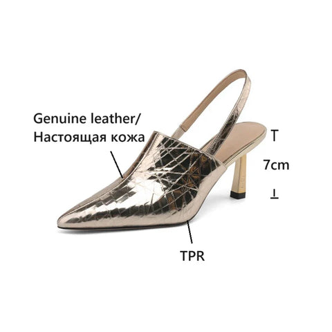 Sonicelife NEW Summer Women Sandals Genuine Leather Shoes for Women Pointed Toe Thin Heel Shoes Silver Cover Toe Slingback Designer Sandals