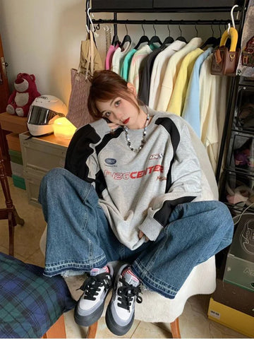 Back To School Sonicelife Y2K Vintage Gray Sweatshirts Women Hip Hop Retro Streetwear Long Sleeve Hoodie Female Harajuku Kpop Patchwork Letter Top