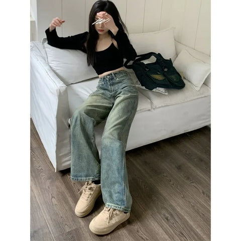 Sonicelife Y2k Baggy Wide Leg Jeans Women Vintage Streetwear Washed Denim Pants Grunge Basic Slouchy Blue Trousers Femme Spring