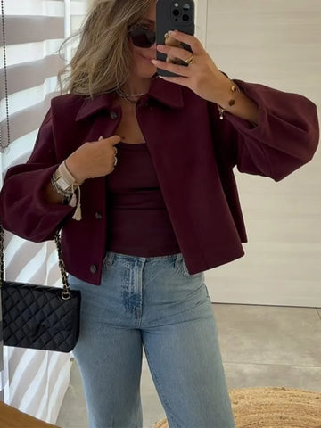 Sonicelife Elegant Solid Color Single Breasted Women's Cropped Coat Chic Lapel Long Sleeves Short Jacket Autumn Female Commuting Outwears
