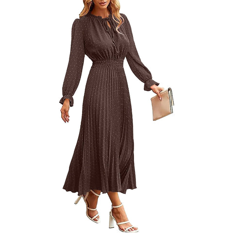 Sonicelife Womens Fall Dress Casual Long Sleeve V Neck Dot Pleated A Line Flowy Temperament Midi Dress For Women 2025 Fall Commuter