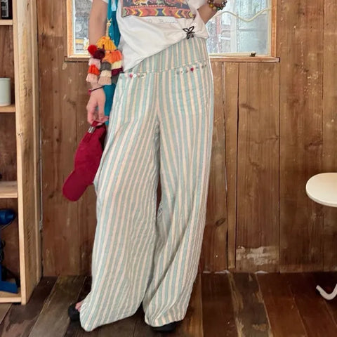 Sonicelife Fashion Vintage Green Striped Straight Trousers 2024 Summer New Wide Leg Pants Y2k Grunge High Waist Loose  for Women