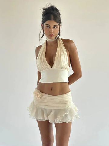 Sonicelife Sexy Ruffle Skirt Two Piece Set Women Fashion Halter Crop Tops And Mini Skirt Matching Sets Club Party Two Piece Sets